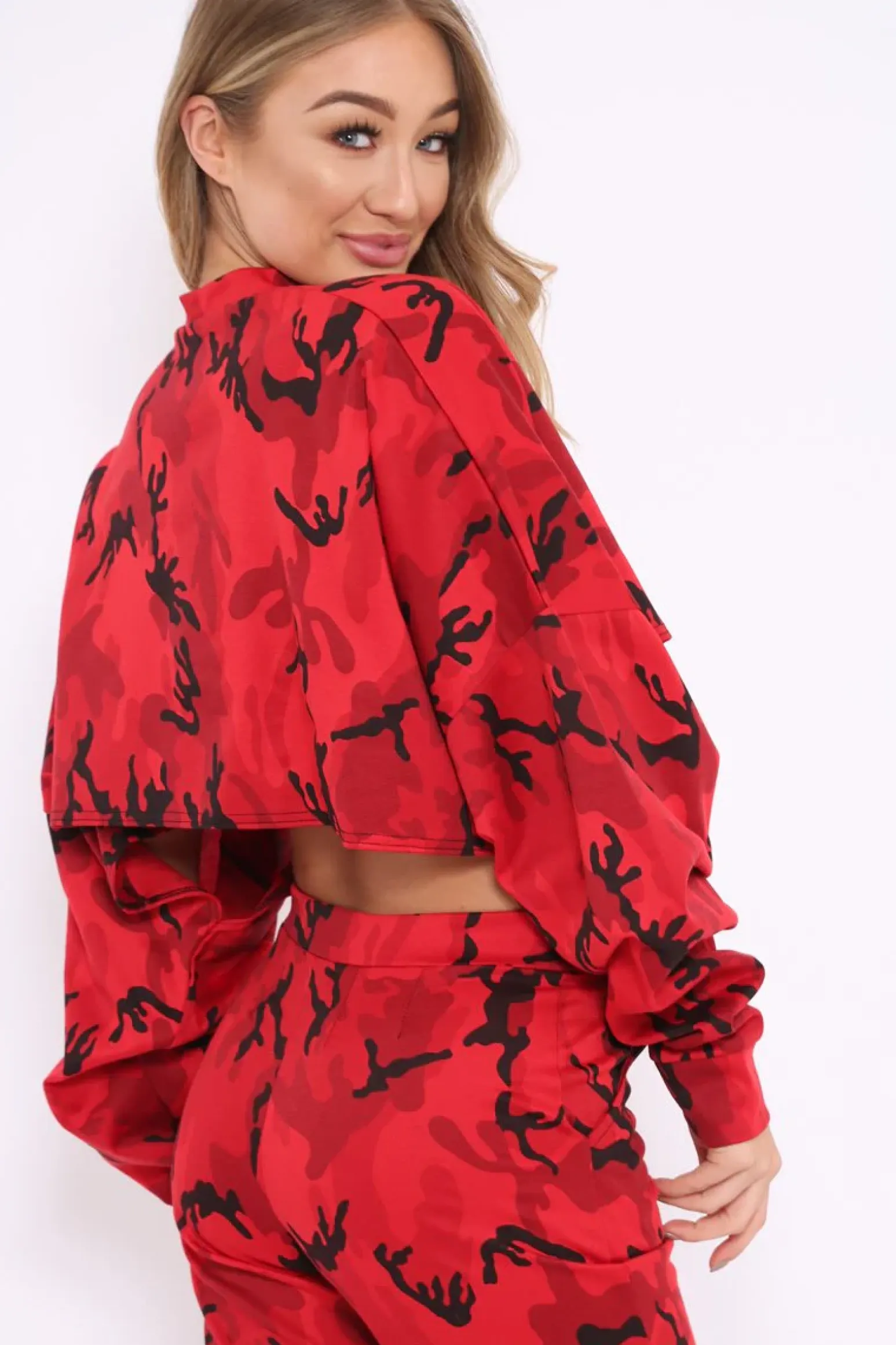 Rebellious Fashion Red Camo Cropped Batwing Jumper - Lizy