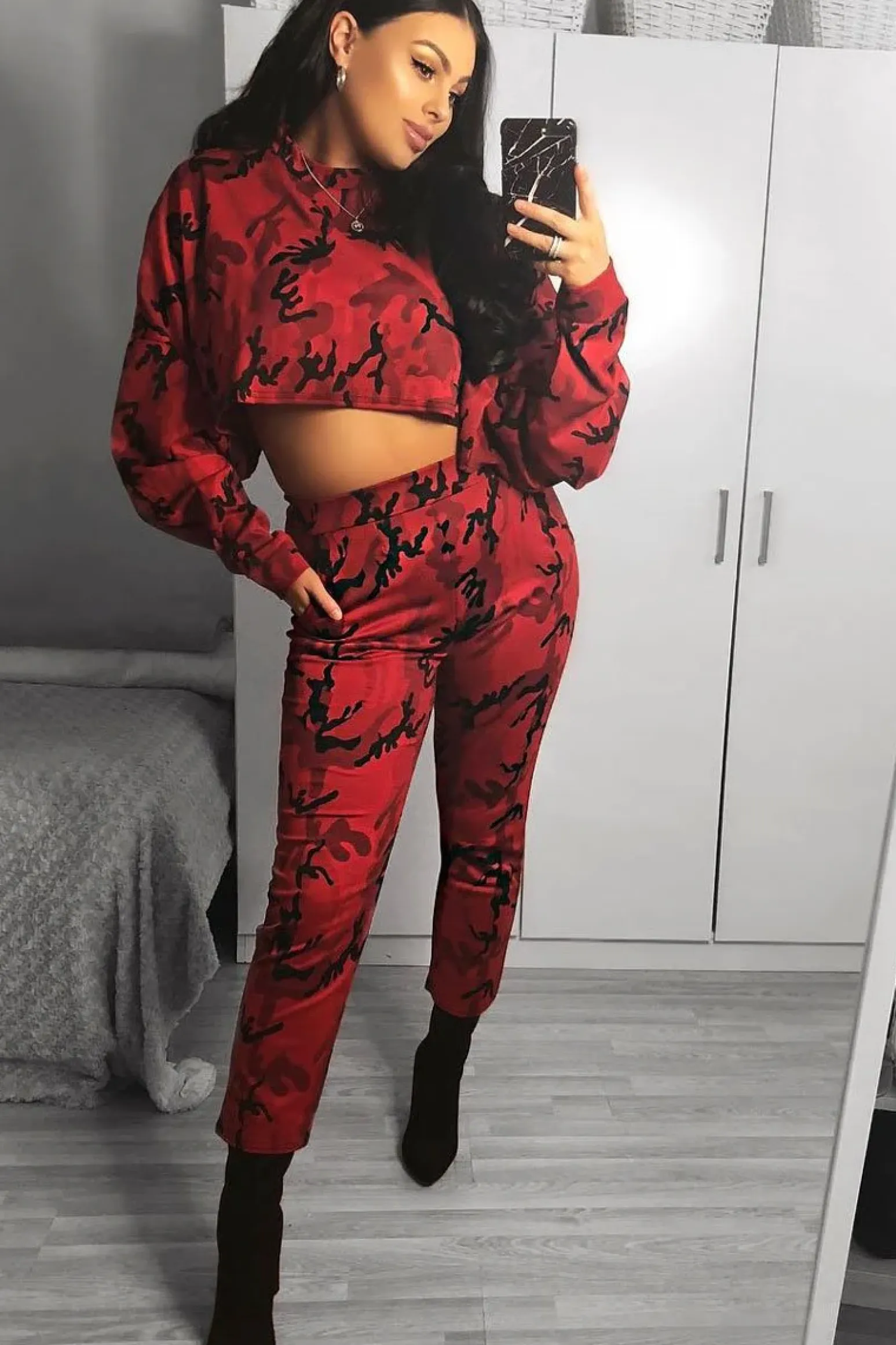 Rebellious Fashion Red Camo Cropped Batwing Jumper - Lizy