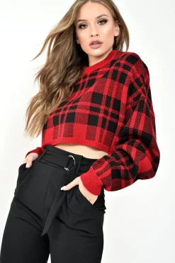 Rebellious Fashion Red Check Batwing Crop Knit Jumper - Marisa