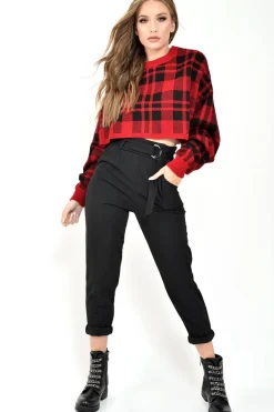 Rebellious Fashion Red Check Batwing Crop Knit Jumper - Marisa
