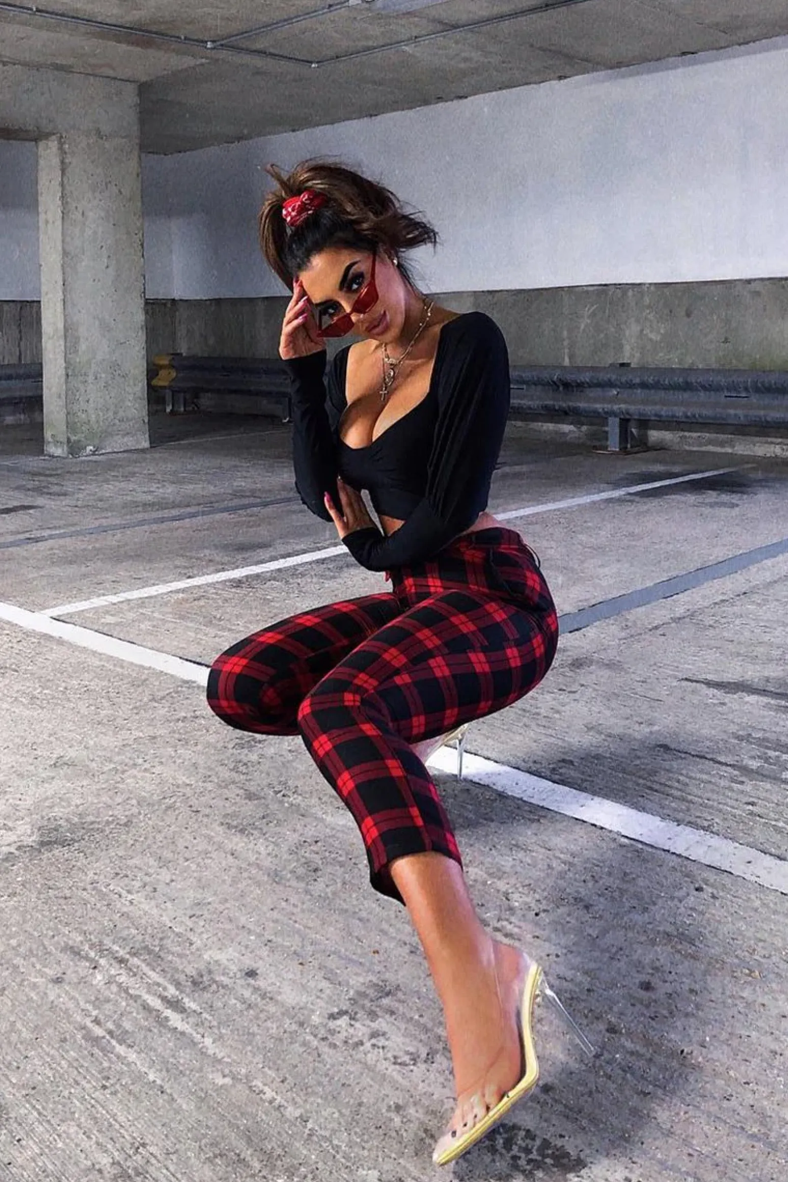 Rebellious Fashion Red Check Belted Tapered Trousers - Reanne