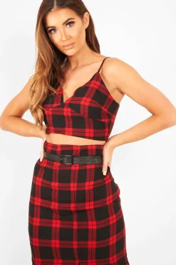 Rebellious Fashion Red Check Bralet And Midi Skirt Co-ord - Caden