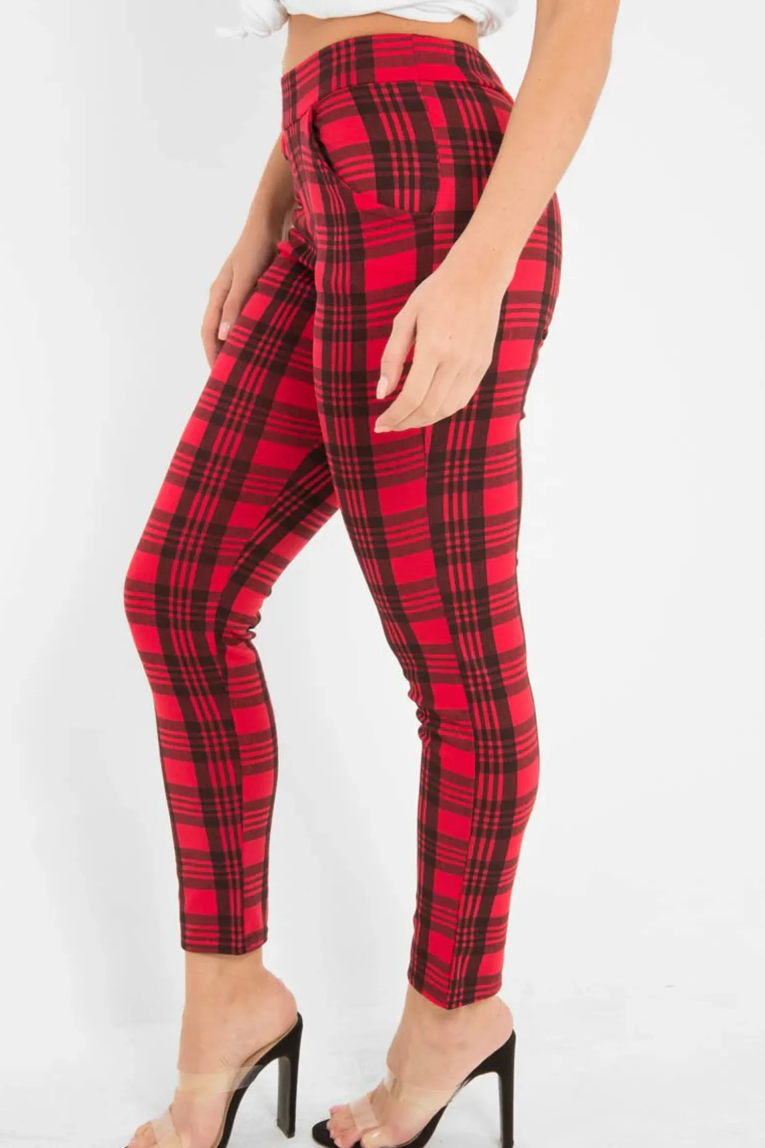 Rebellious Fashion Red Check High Waist Slim Fit Trousers - Sashya