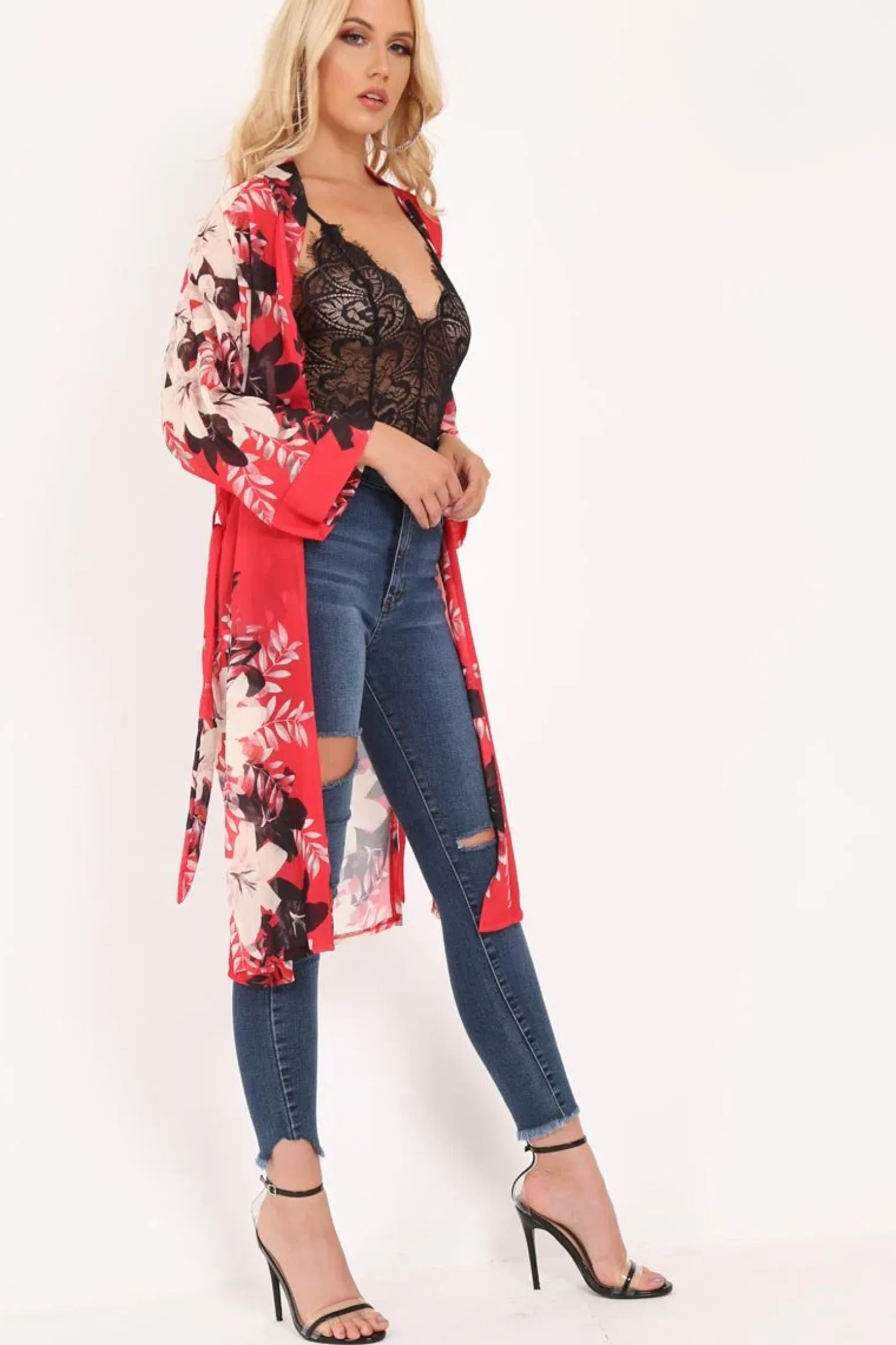Rebellious Fashion Red Chiffon Floral Kimono - Suriah