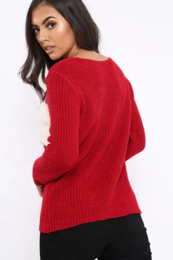 Rebellious Fashion Red Chunky Knit Faux Fur Front Panel Jumper - Ophelia