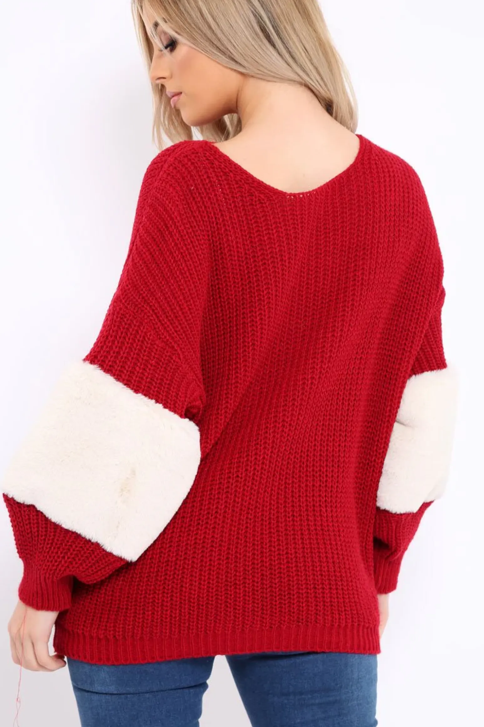 Rebellious Fashion Red Chunky Knit Fur Sleeve Jumper - Kimberly