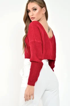 Rebellious Fashion Red Chunky Knit V Back Crop Jumper - Priscilla