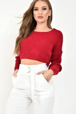 Rebellious Fashion Red Chunky Knit V Back Crop Jumper - Priscilla