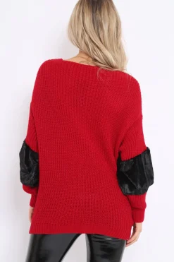 Rebellious Fashion Red Chunky Knit With Black Fur Sleeve Jumper - Kimberly