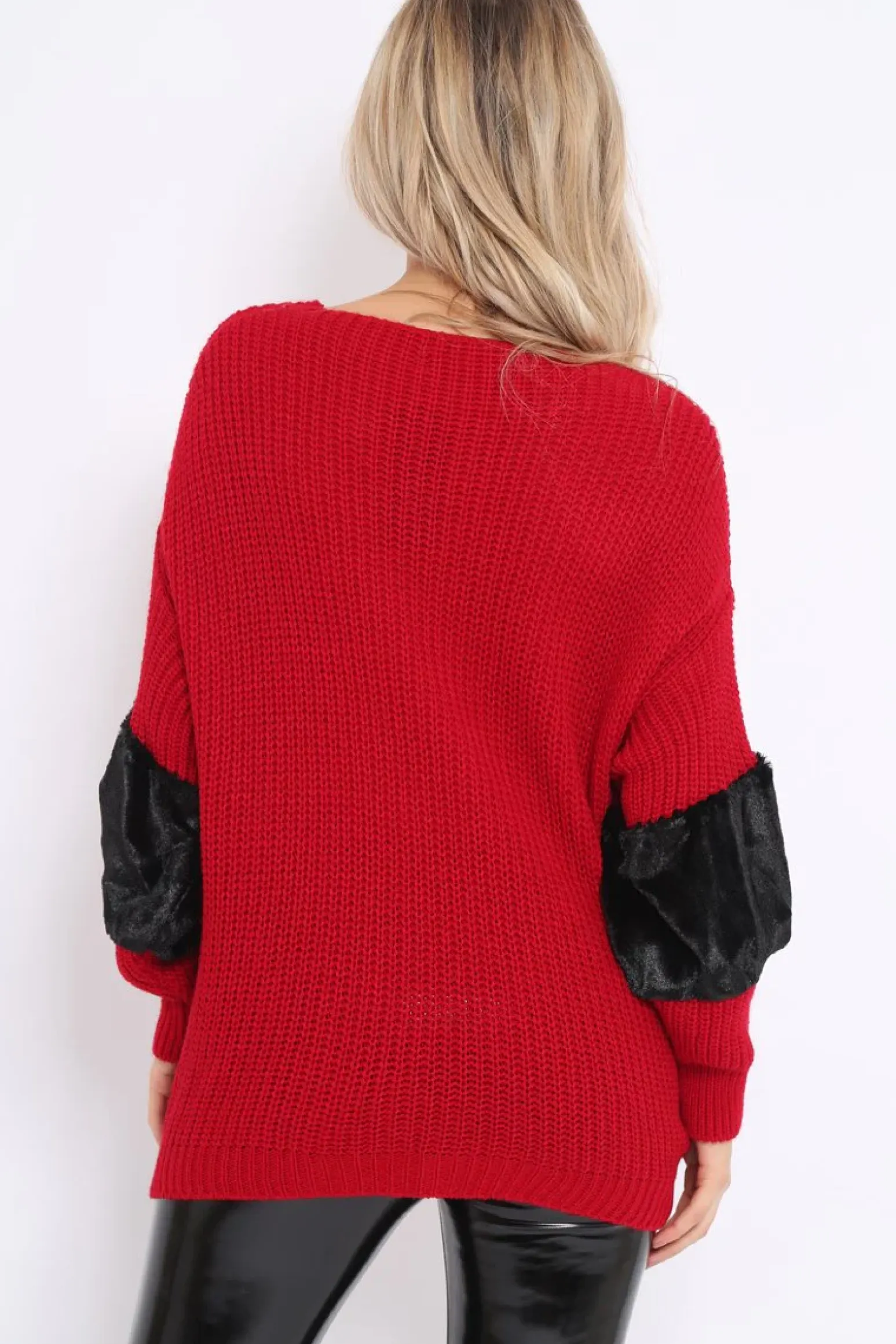 Rebellious Fashion Red Chunky Knit With Black Fur Sleeve Jumper - Kimberly