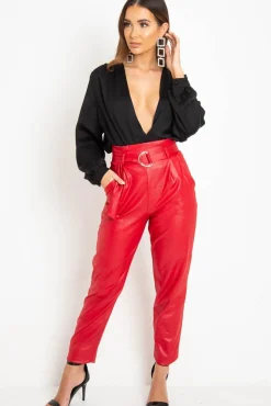 Rebellious Fashion Red Coated Belted Tapered Trousers - Reyna