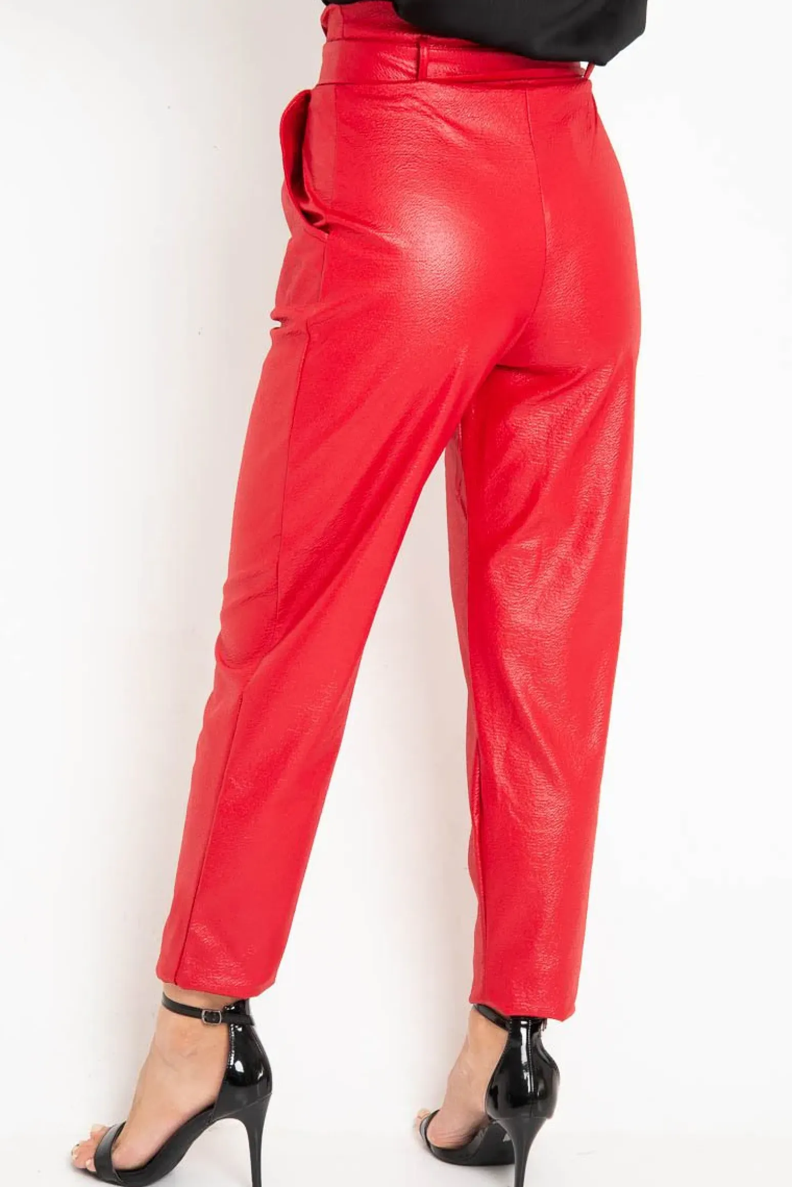 Rebellious Fashion Red Coated Belted Tapered Trousers - Reyna