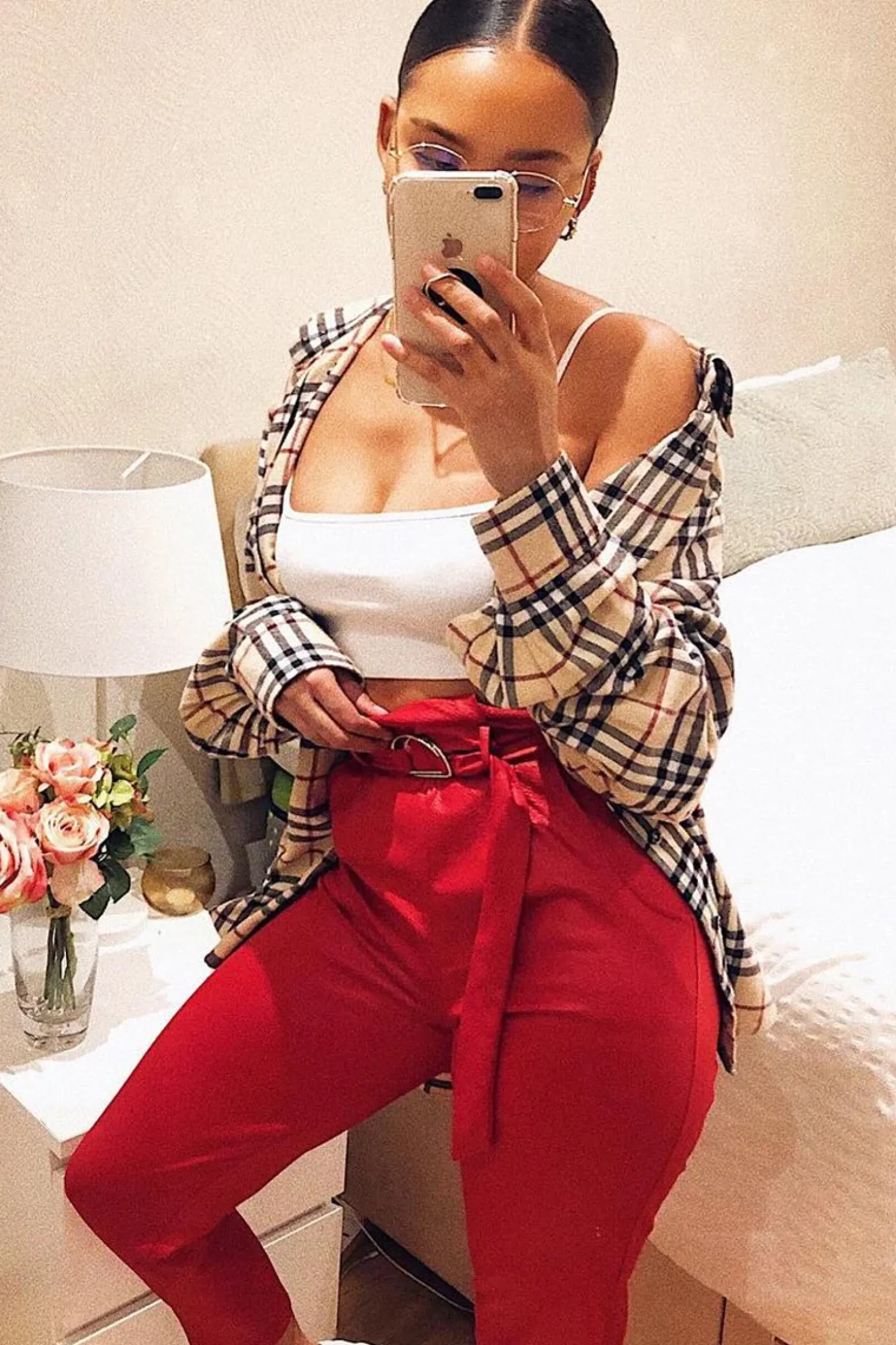 Rebellious Fashion Red Coated Belted Tapered Trousers - Reyna