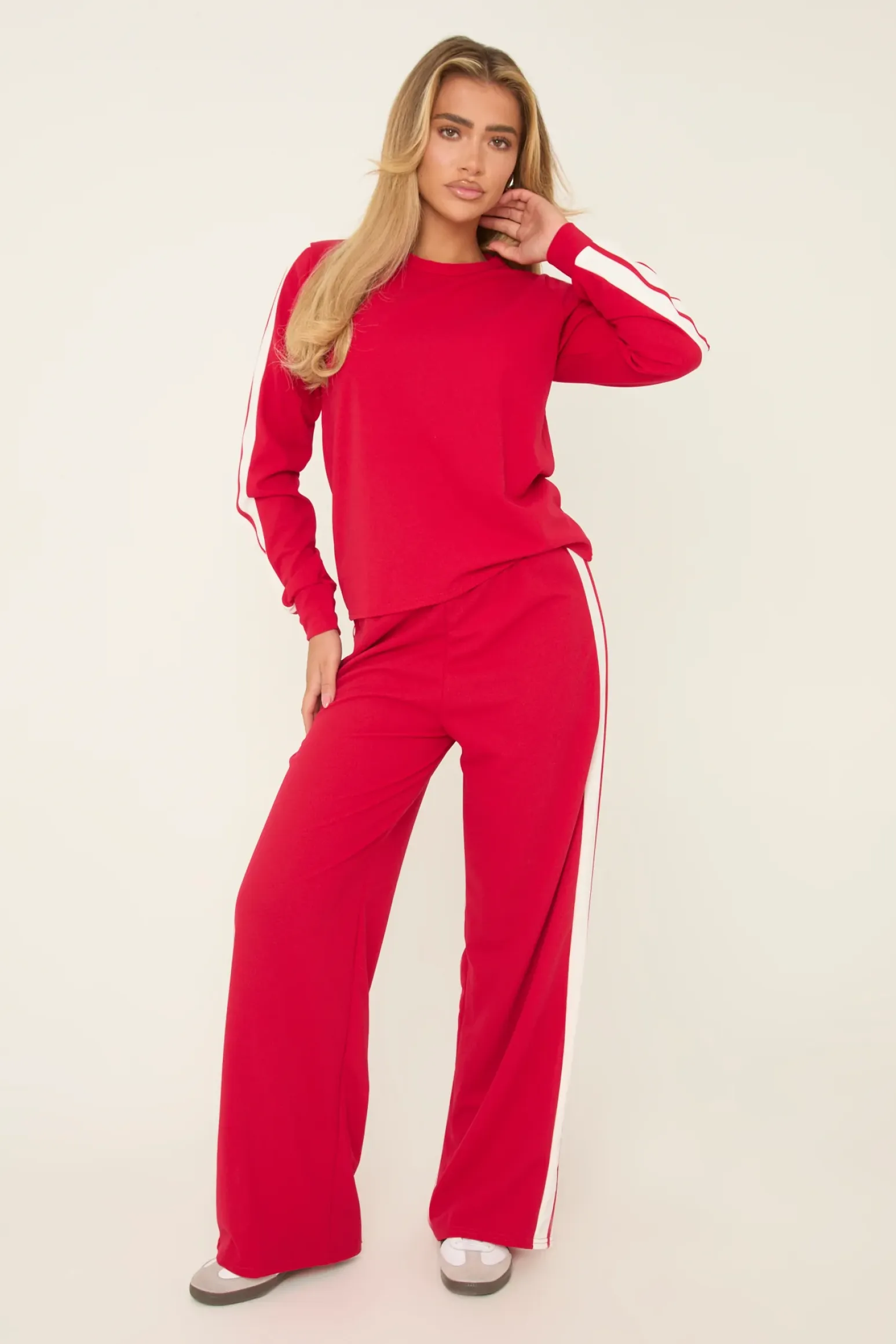 Rebellious Fashion Red Contrast Stripe Round Neck Long Sleeves Top & Straight Leg Trousers Co-ord Set - Ursula