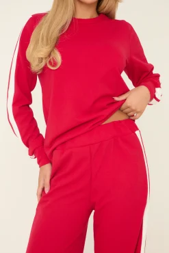 Rebellious Fashion Red Contrast Stripe Round Neck Long Sleeves Top & Straight Leg Trousers Co-ord Set - Ursula