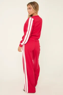 Rebellious Fashion Red Contrast Stripe Round Neck Long Sleeves Top & Straight Leg Trousers Co-ord Set - Ursula