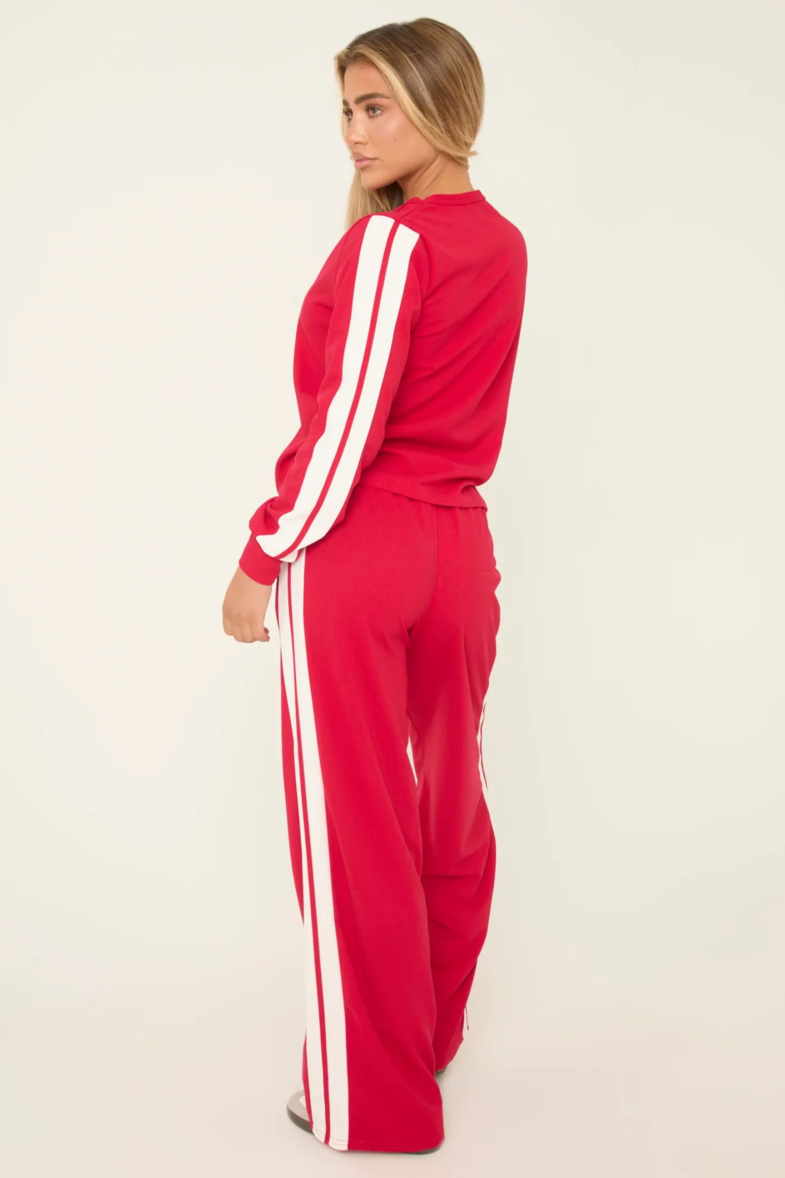 Rebellious Fashion Red Contrast Stripe Round Neck Long Sleeves Top & Straight Leg Trousers Co-ord Set - Ursula