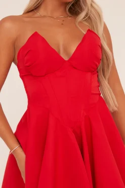 Rebellious Fashion Red Corset Detail Gathered Mini Dress - Mase