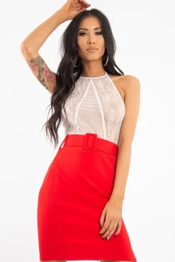 Rebellious Fashion Red Crepe Belted Bodycon Mini Skirt - Raven