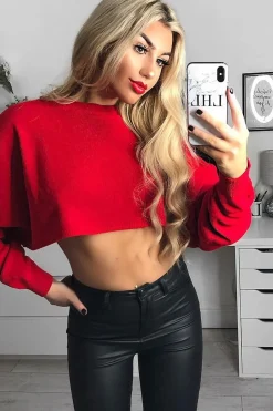 Rebellious Fashion Red Cropped Batwing Jumper - Lizy