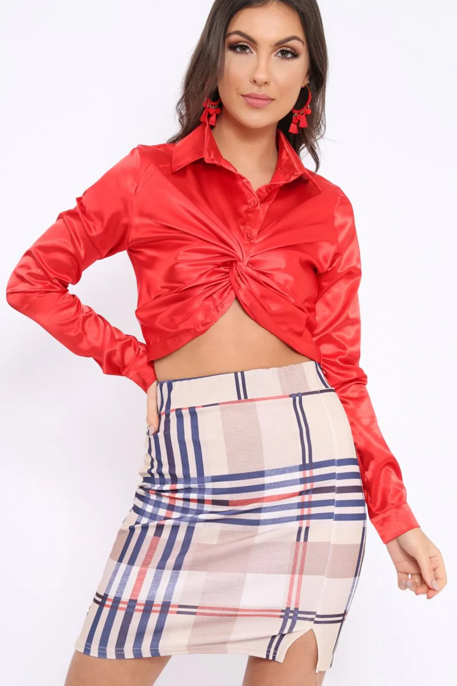 Rebellious Fashion Red Cropped Satin Shirt - Yasina