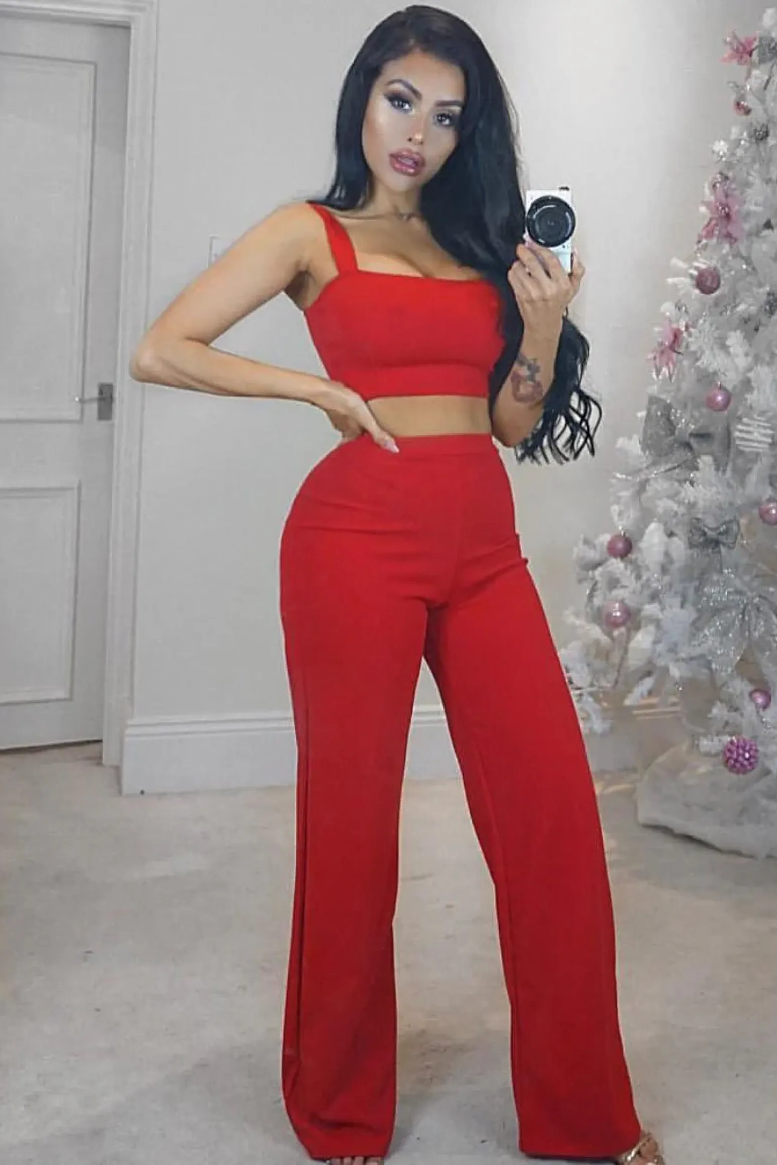 Rebellious Fashion Red Crop Top and Trousers Co-ord Set - Kimmy
