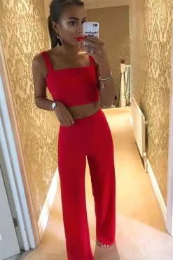 Rebellious Fashion Red Crop Top and Trousers Co-ord Set - Kimmy