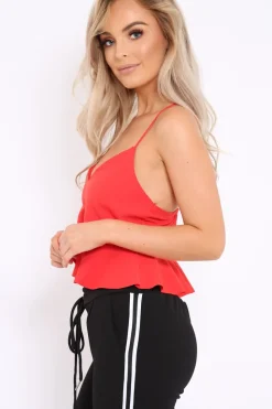 Rebellious Fashion Red Cross Back Frill Hem Crop Top - Jess