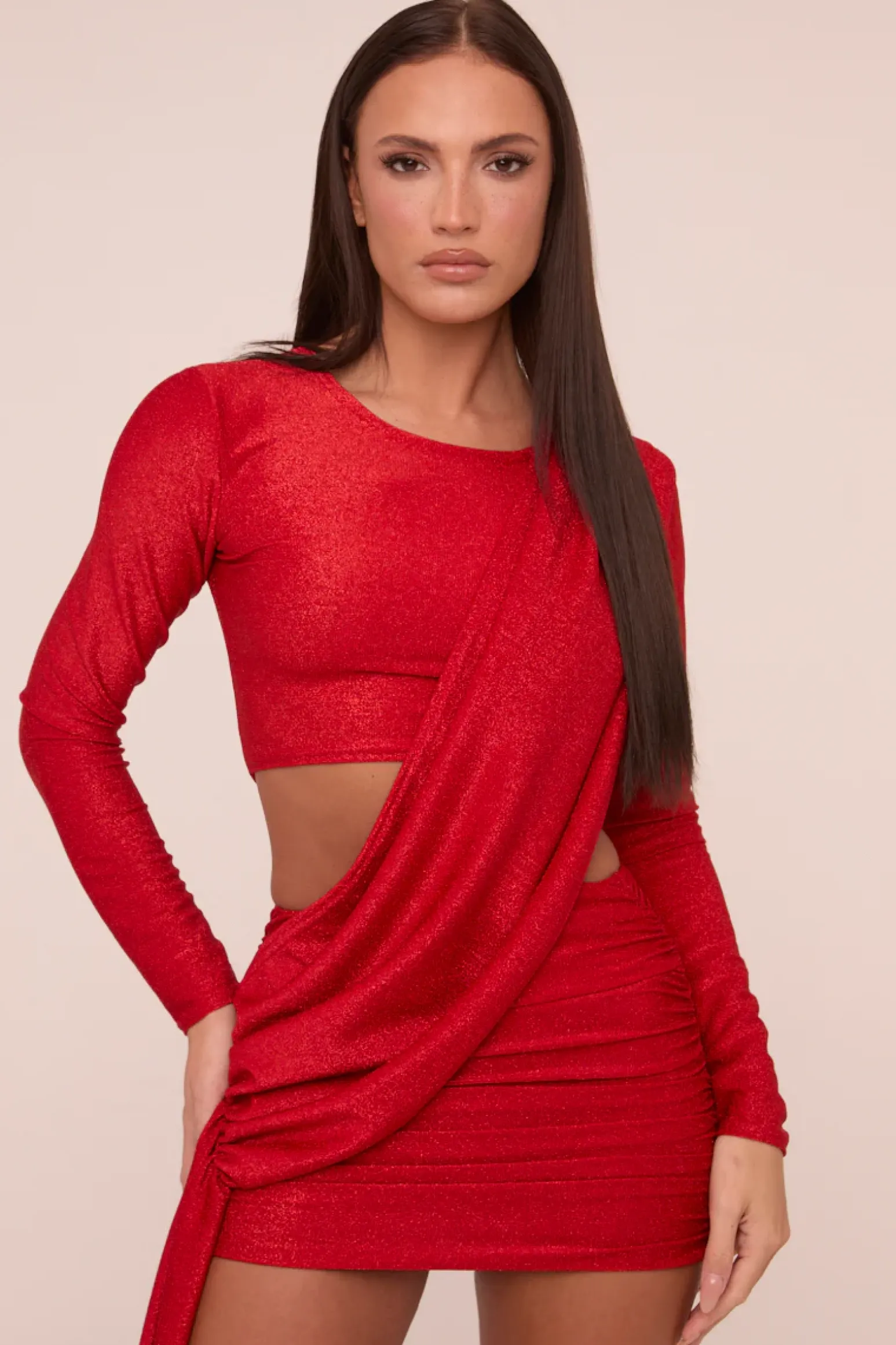 Rebellious Fashion Red Cut Out Detail Draped Long Sleeves Mini Dress - Becca