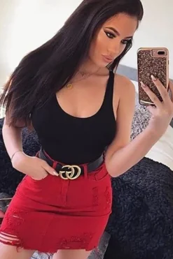 Rebellious Fashion Red Denim Rip Mini Skirt - Selenia