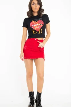 Rebellious Fashion Red Distressed Denim Skirt - Blakelyn