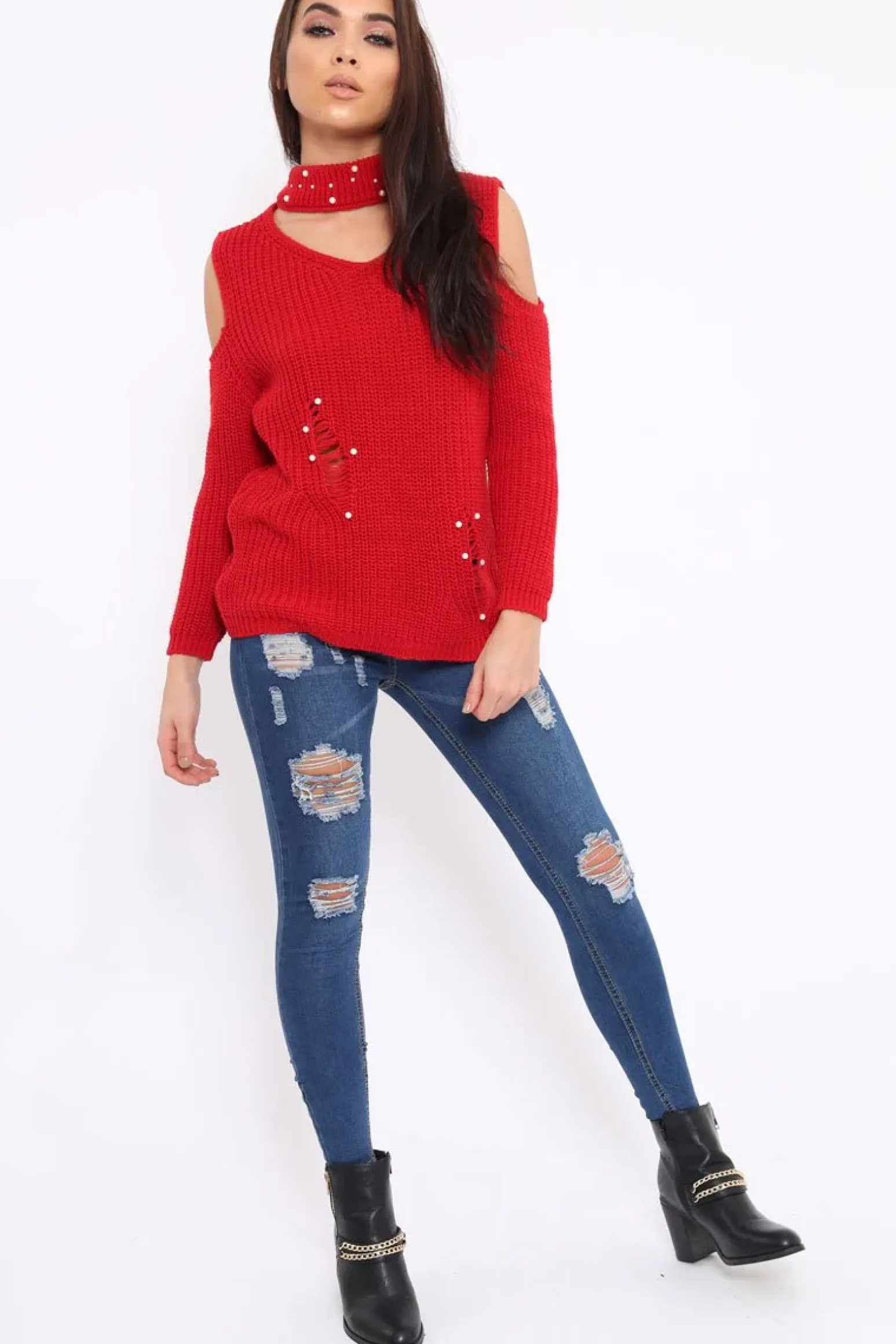 Rebellious Fashion Red Distressed Pearl Chunky Knit Jumper - Narla
