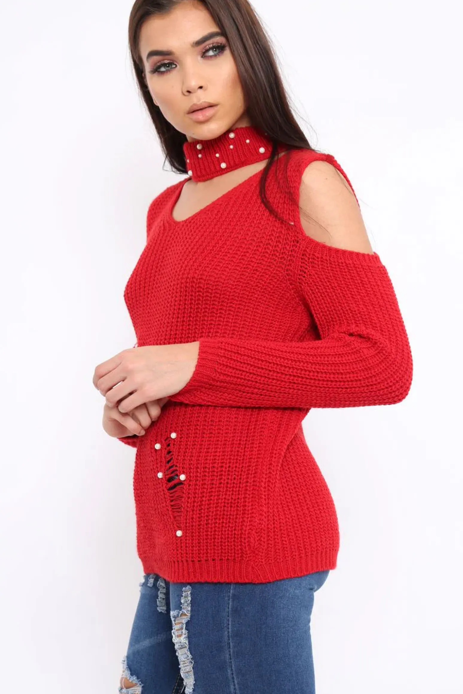 Rebellious Fashion Red Distressed Pearl Chunky Knit Jumper - Narla