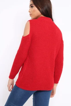 Rebellious Fashion Red Distressed Pearl Chunky Knit Jumper - Narla