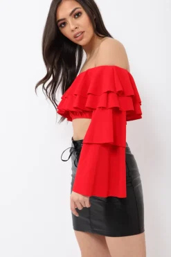 Rebellious Fashion Red extreme Layered Frill Bardot Crop Top - Nevaeh