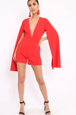 Rebellious Fashion Red Extreme Plunge Cape Playsuit - Haylo