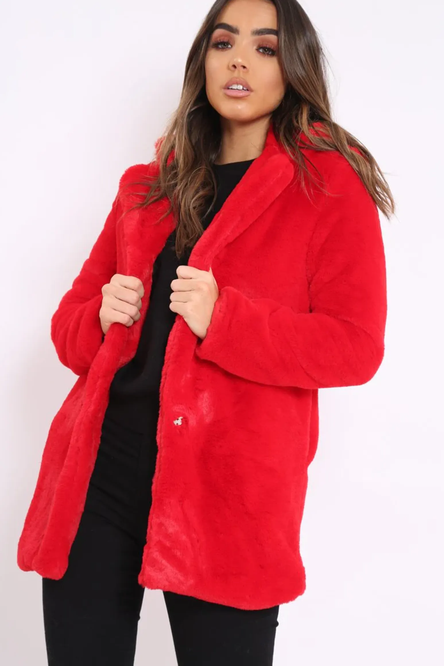 Rebellious Fashion Red Faux Fur Coat - Kinleigh