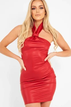 Rebellious Fashion Red Faux Leather Knot Halterneck Dress - Kylie