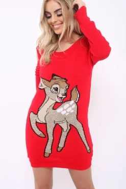 Rebellious Fashion Red Festive Deer Cold Shouldered Jumper Dress - Catarina