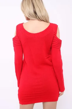 Rebellious Fashion Red Festive Deer Cold Shouldered Jumper Dress - Catarina