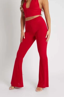 Rebellious Fashion Red Flared Slinky Trousers - Teena