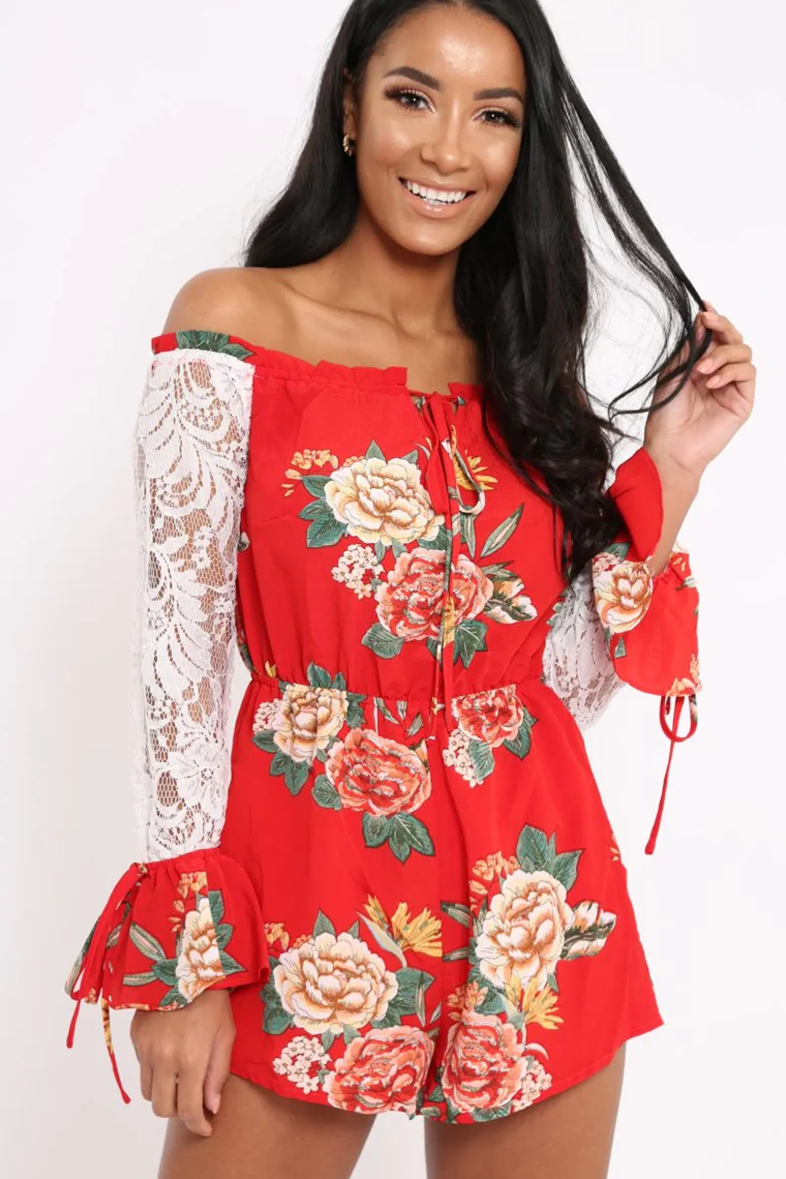 Rebellious Fashion Red Floral Bardot Playsuit with Lace Sleeves - Caroline