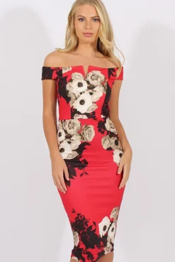 Rebellious Fashion Red Floral Bardot V Front Midi Dress - Lynn