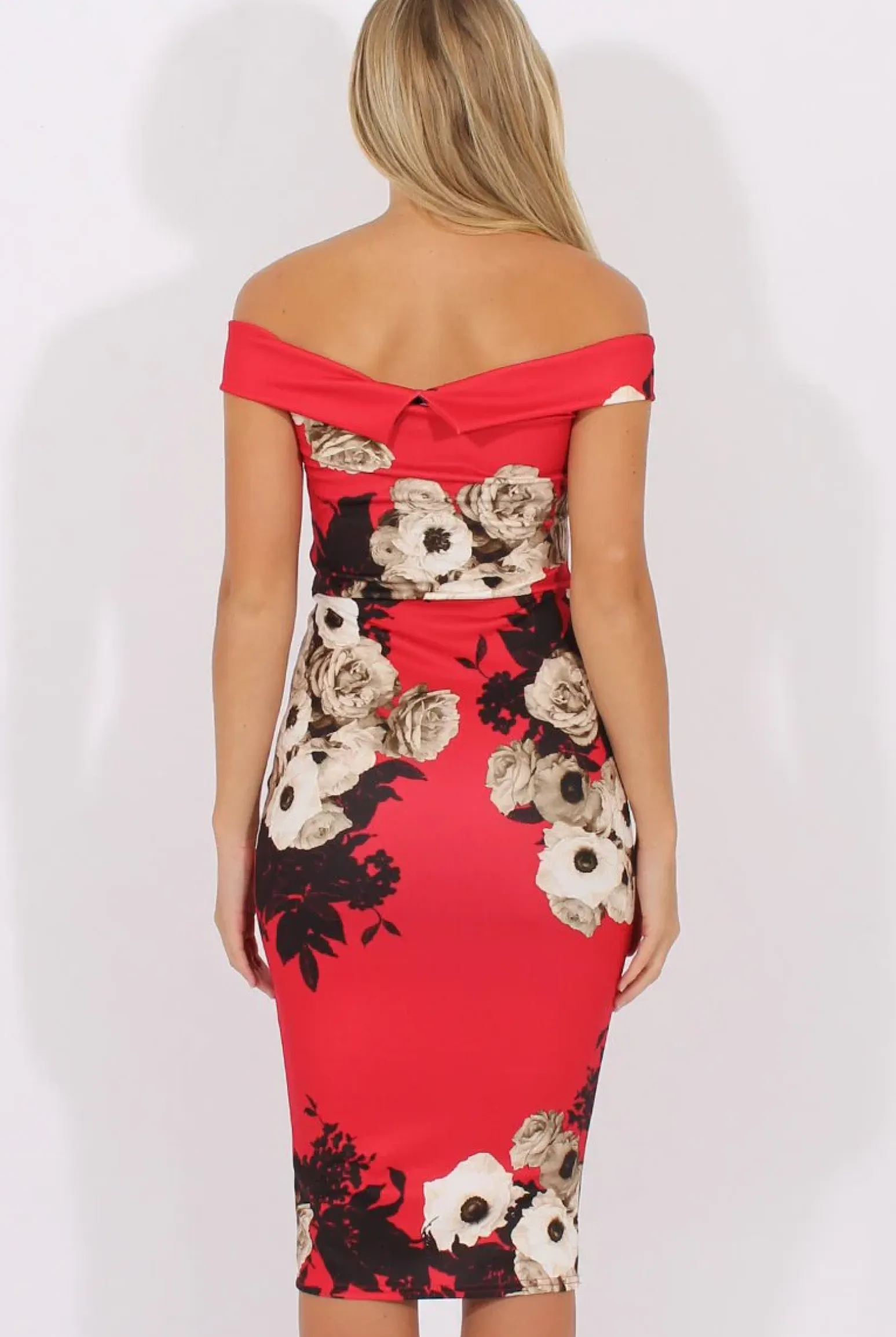 Rebellious Fashion Red Floral Bardot V Front Midi Dress - Lynn