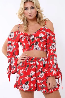 Rebellious Fashion Red floral Cold Shoulder Co-ord set - Dahlia