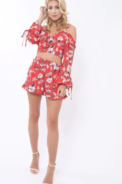 Rebellious Fashion Red floral Cold Shoulder Co-ord set - Dahlia