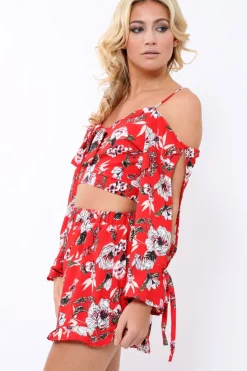 Rebellious Fashion Red floral Cold Shoulder Co-ord set - Dahlia