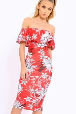 Rebellious Fashion Red Floral Frill Bardot Bodycon Midi Dress - Aphra