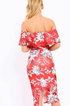 Rebellious Fashion Red Floral Frill Bardot Bodycon Midi Dress - Aphra