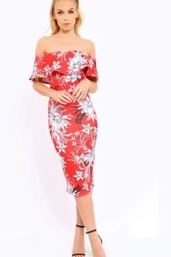 Rebellious Fashion Red Floral Frill Bardot Bodycon Midi Dress - Aphra